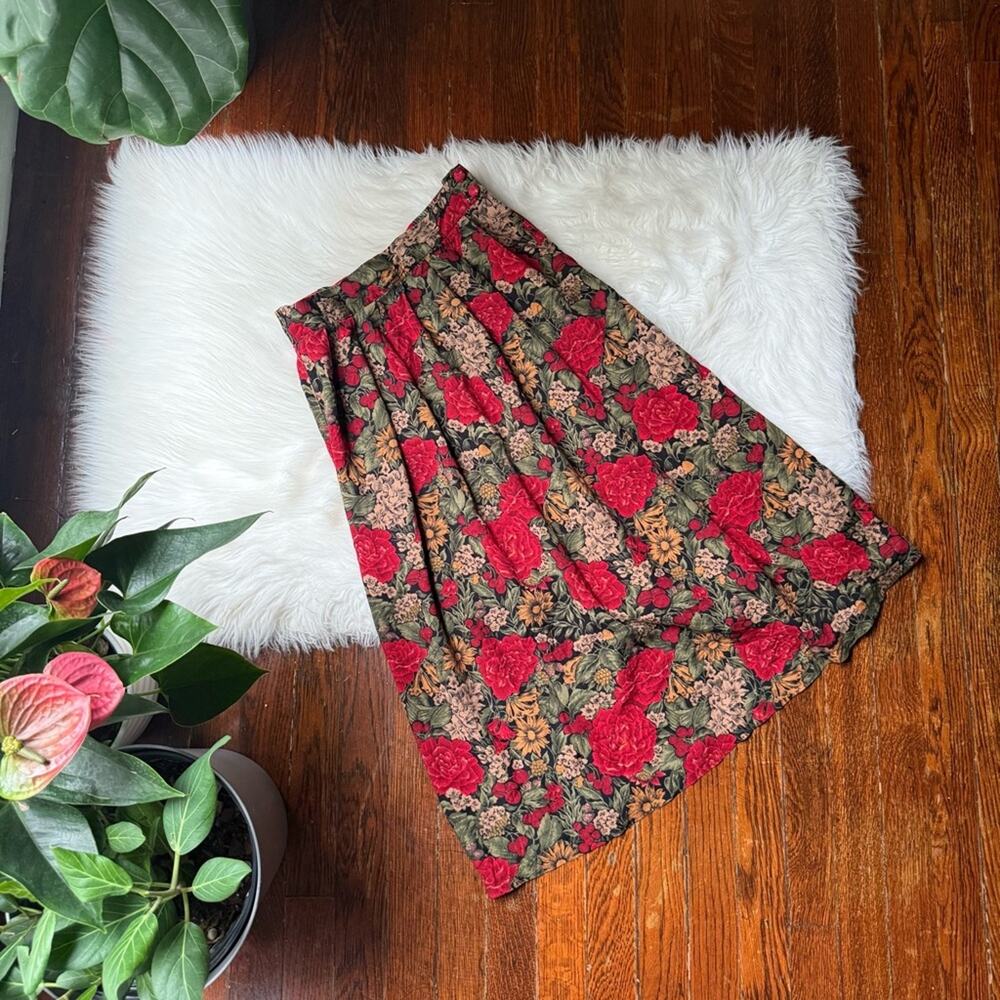 Vintage 80s 90s Red Floral Midi Skirt